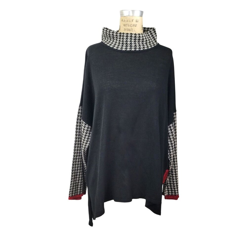 Roni Bis Black Houndstooth Color Block Mock Neck Pullover Vintage Sweater - Picture 2 of 6